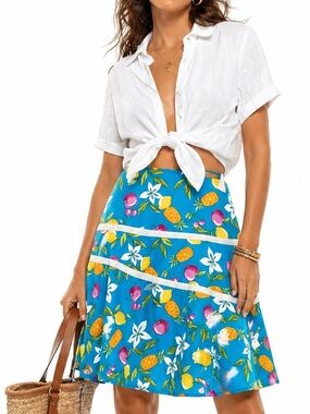 Gemilli Made in USA Cotton Blue Fruit & Floral A-Line Summer Skirt Size 10